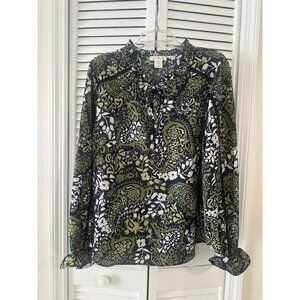 Tea Please Peasant Womens 1X Green Black Balloon Sleeves Boho Blouse Top